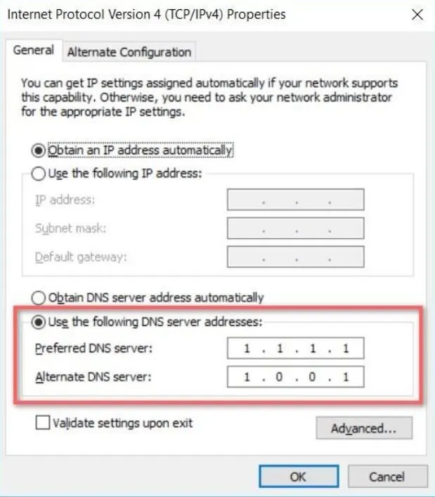 Cài đặt DNS 1.1.1.1 trên máy tính Windows thông qua Internet Protocol Version 4.